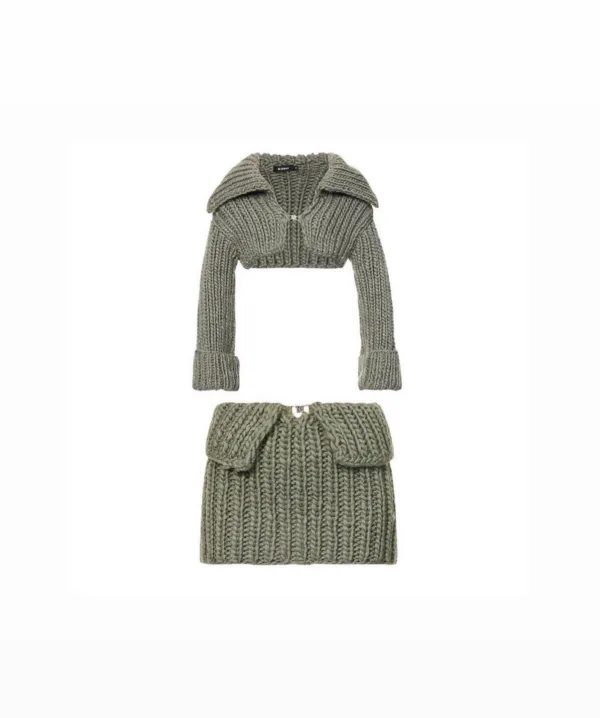Dzianinowy khaki komplet ( top + spódniczka ) - obrazek 5